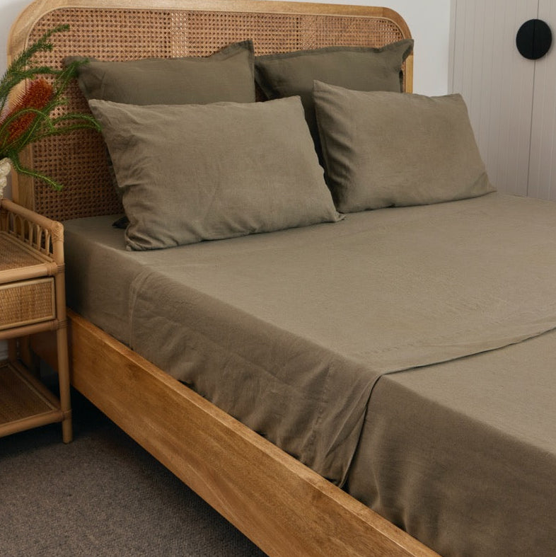 Olive Green French Flax Linen Sheet Set